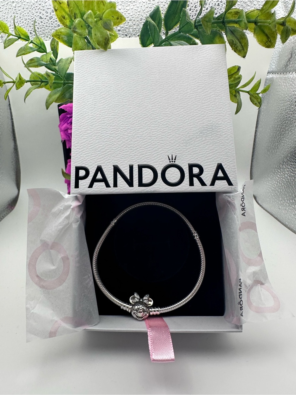 Pandora X Disney Silver Snake Chain Charm Bracelet with Minnie Mouse Clasp